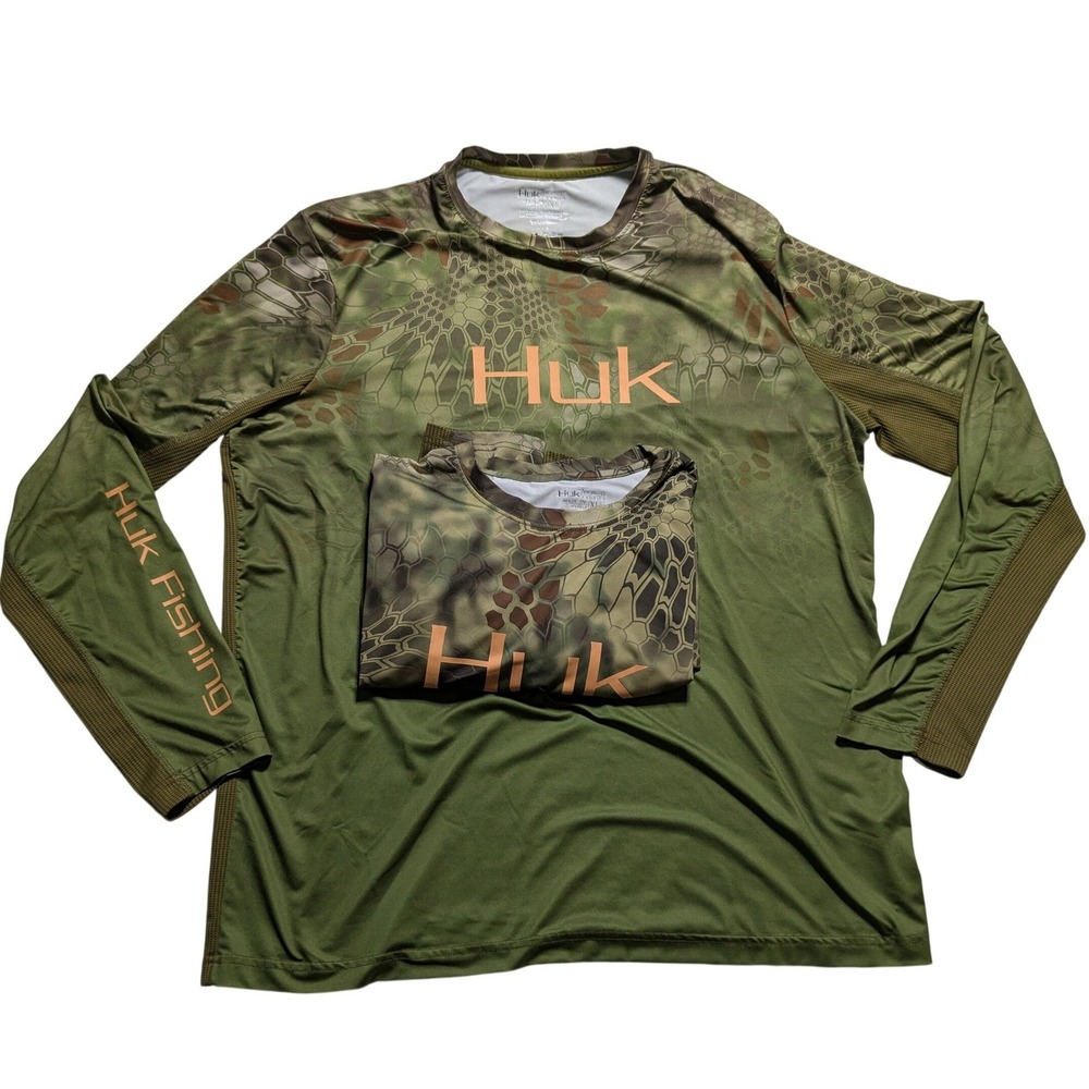 Lot of 2 Huk Performance Fishing Shirts XL Camo Long Sleeve Mesh Back Olive